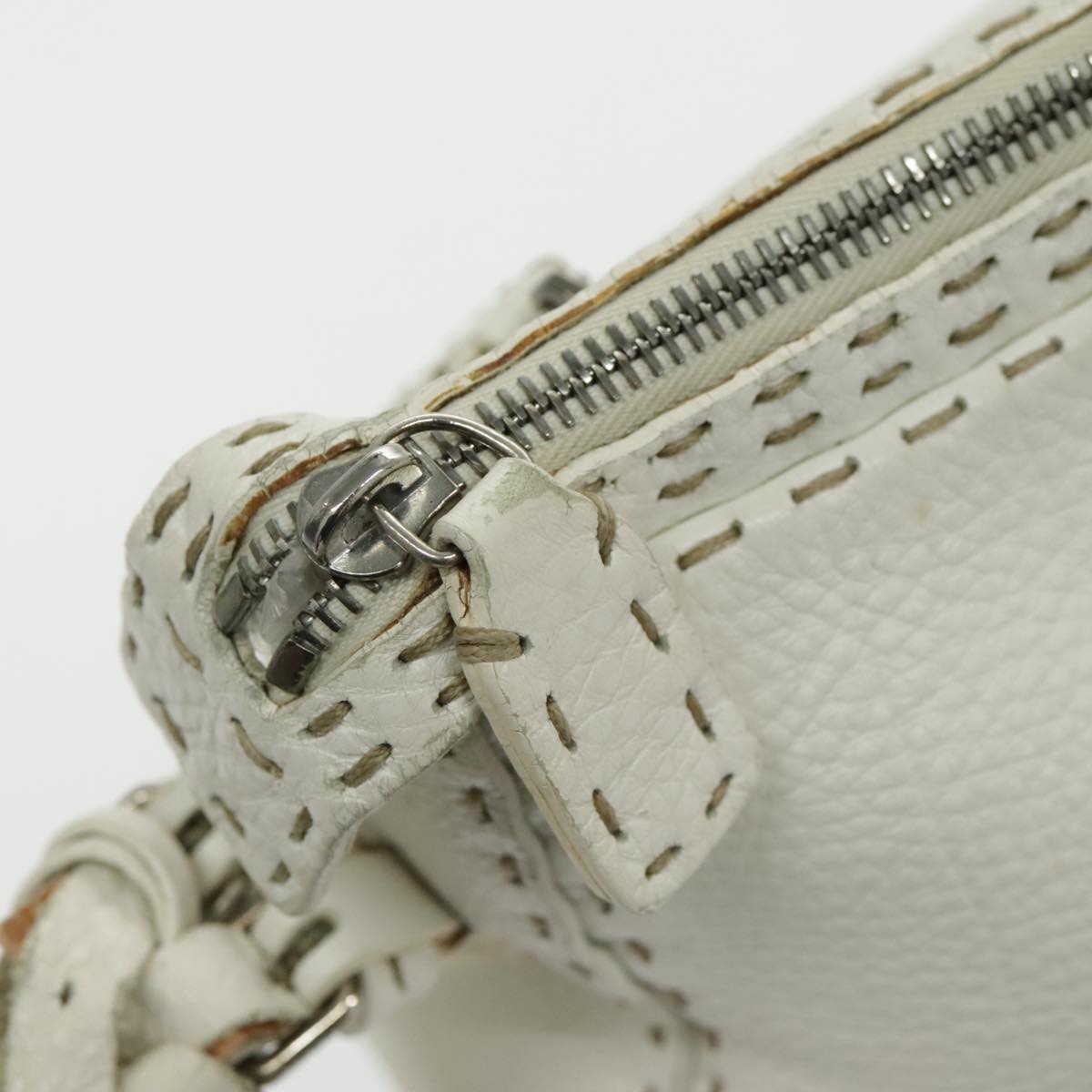 FENDI Shoulder Bag Leather White Silver 96639
