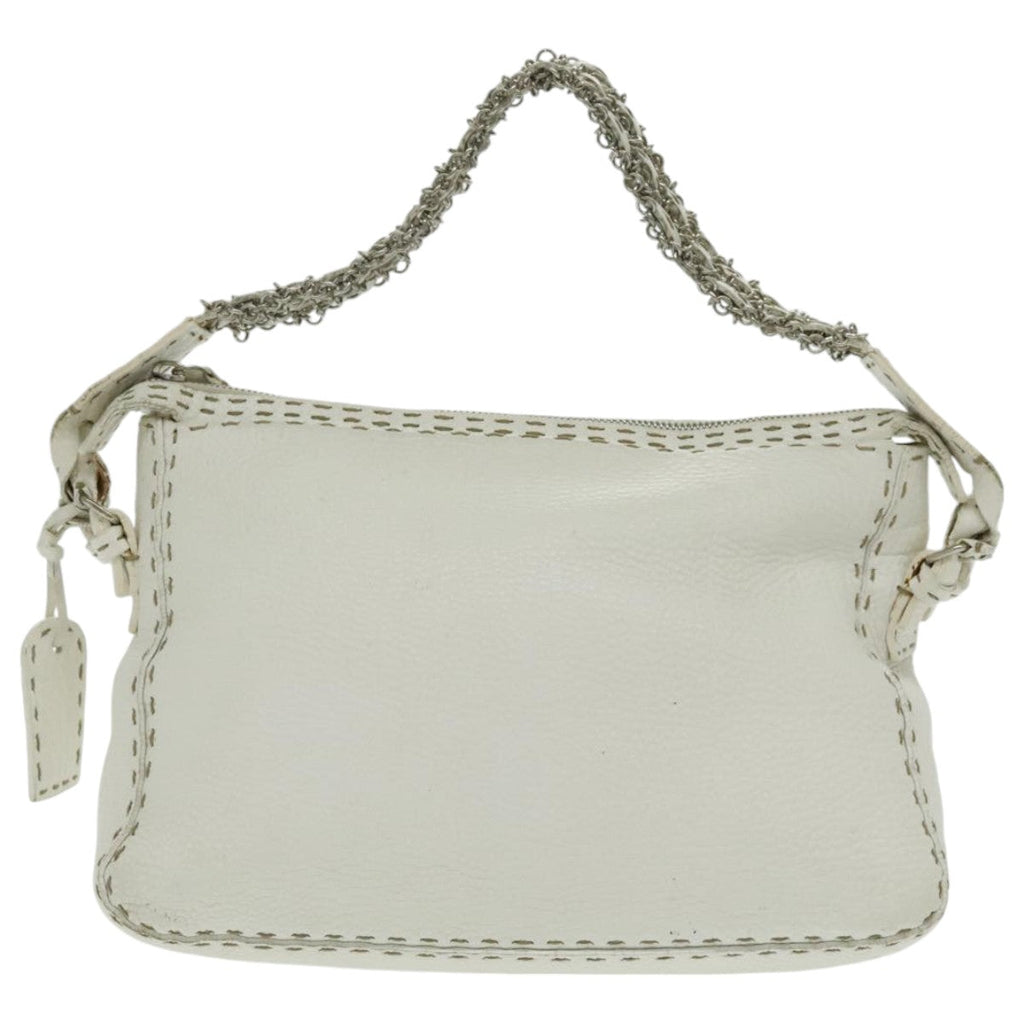FENDI Shoulder Bag Leather White Silver 96639