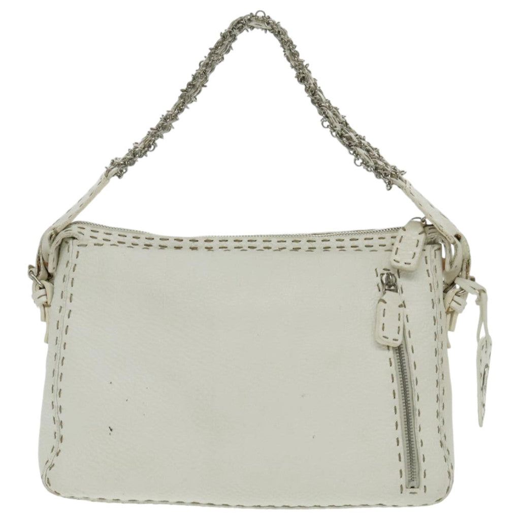 FENDI Shoulder Bag Leather White Silver 96639