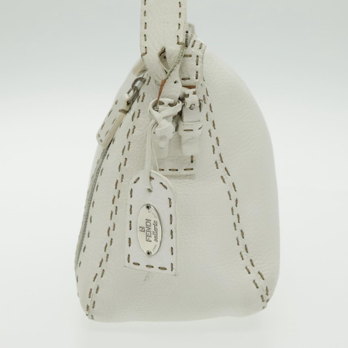 FENDI Shoulder Bag Leather White Silver 96639