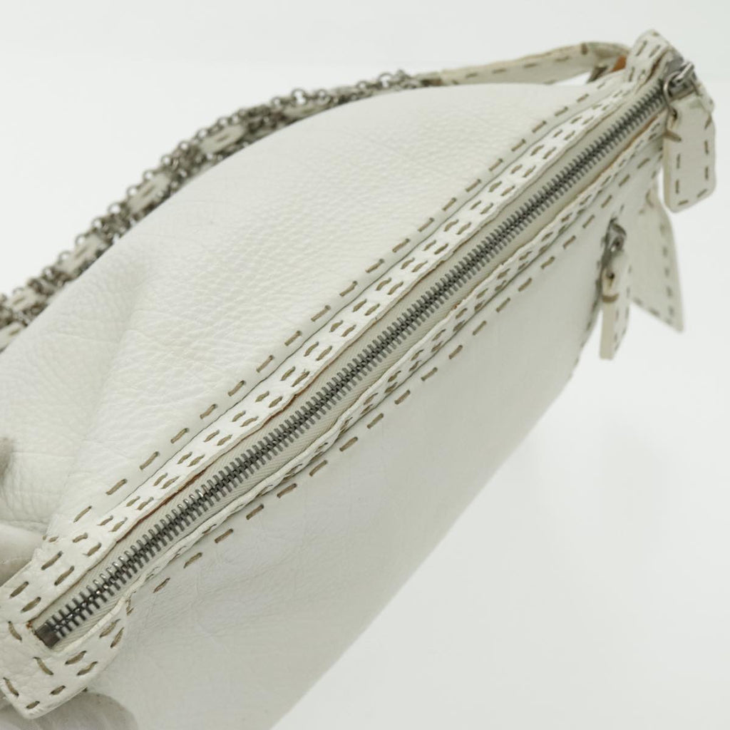 FENDI Shoulder Bag Leather White Silver 96639