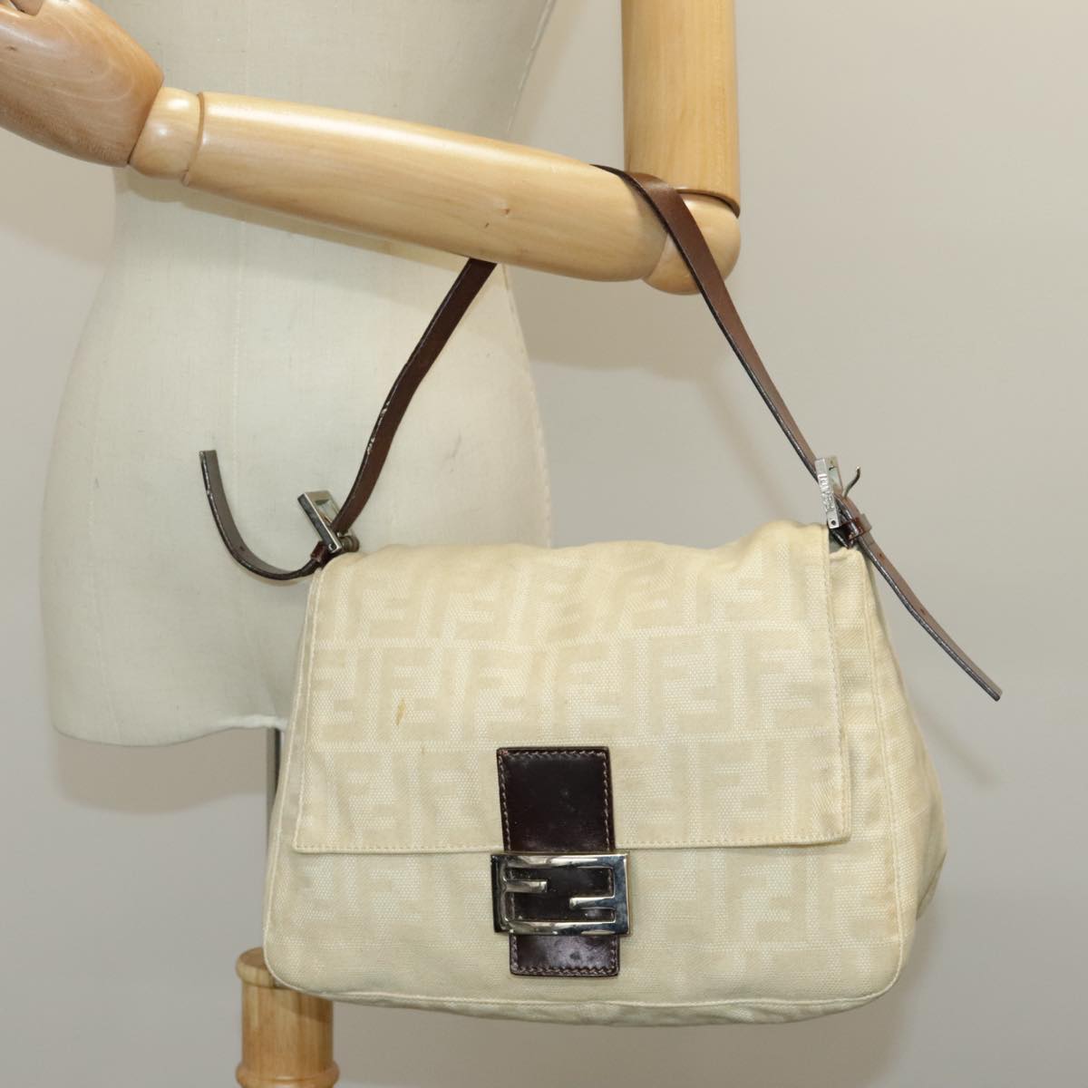 FENDI Zucca Canvas Mamma Baguette Shoulder Bag Beige 96676