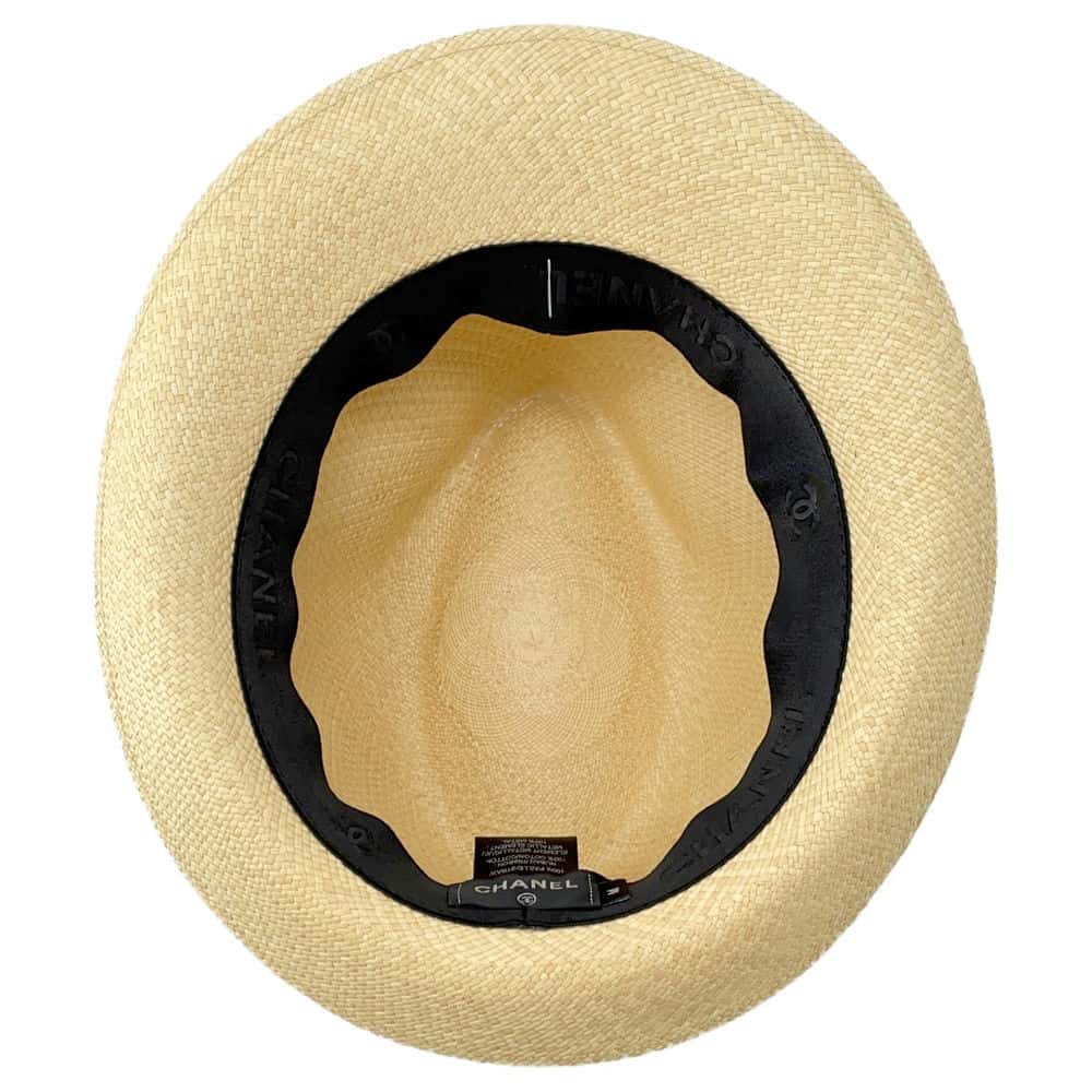 CHANEL CC Logo Ribbon Straw Hat Size M Beige/Gray Straw Cotton