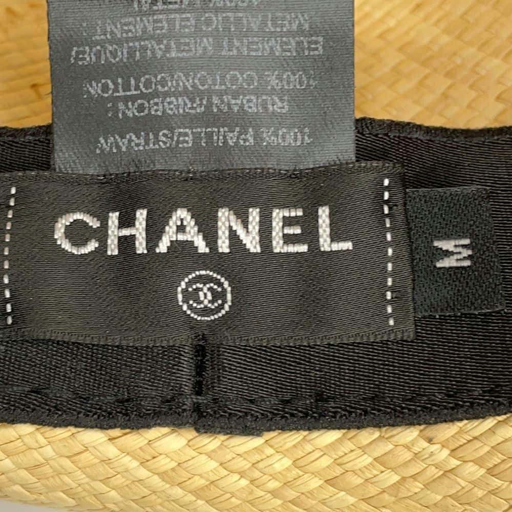 CHANEL CC Logo Ribbon Straw Hat Size M Beige/Gray Straw Cotton
