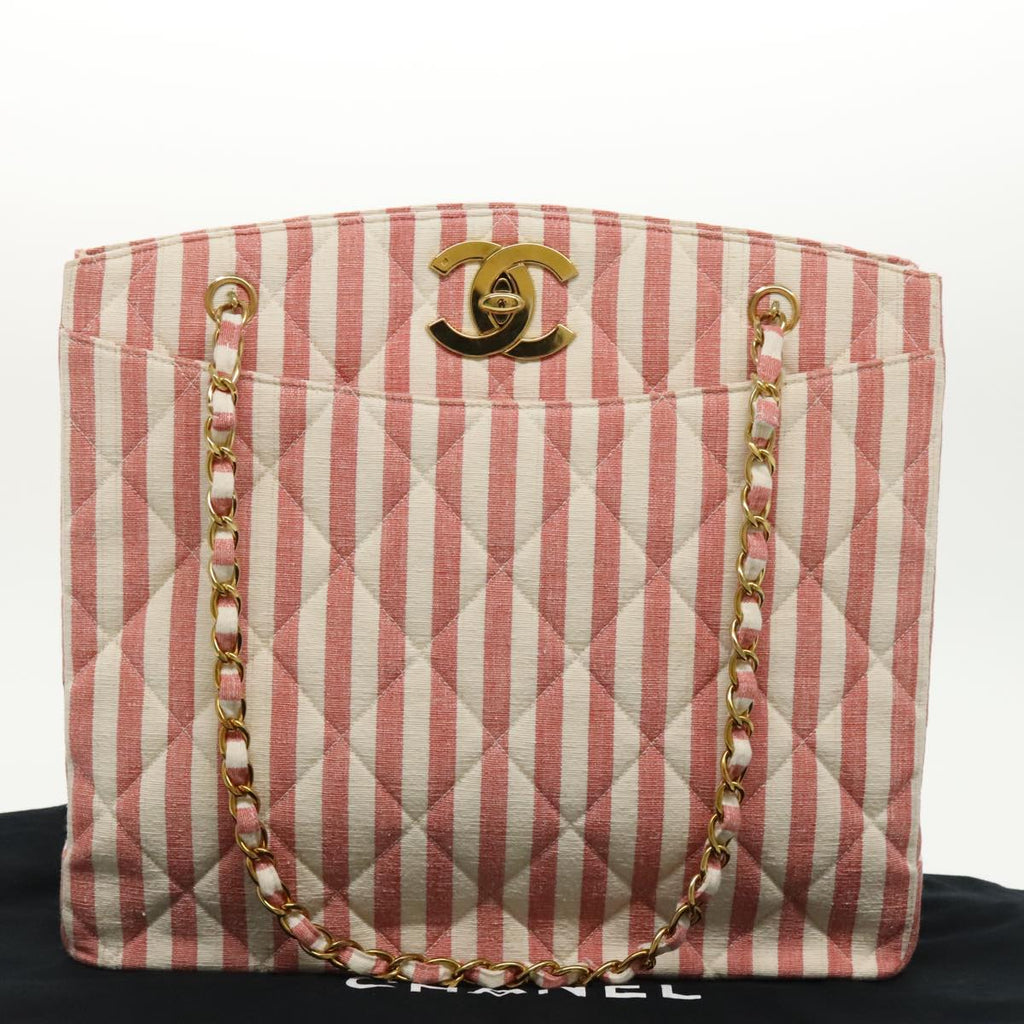 CHANEL Matelasse Chain Shoulder Bag Canvas Gold Pink CC 96691S
