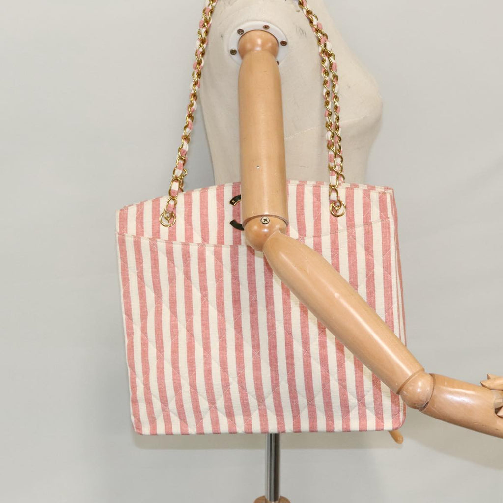 CHANEL Matelasse Chain Shoulder Bag Canvas Gold Pink CC 96691S