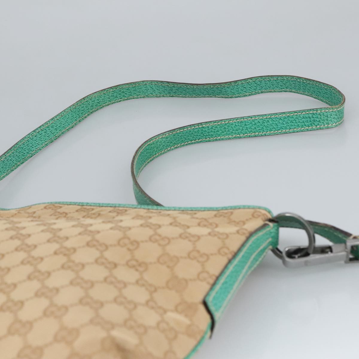GUCCI GG Canvas Shoulder Bag Beige Silver Green 113013 96980