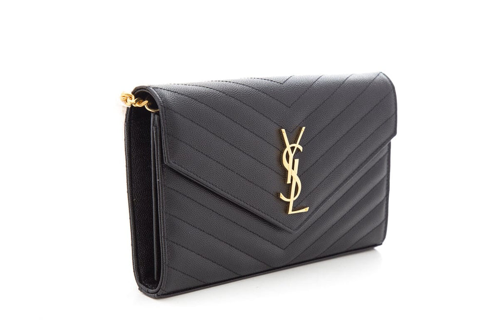 YSL Cassandre Matelasse Chain Wallet in Grain De Poudre Black Embossed Leather