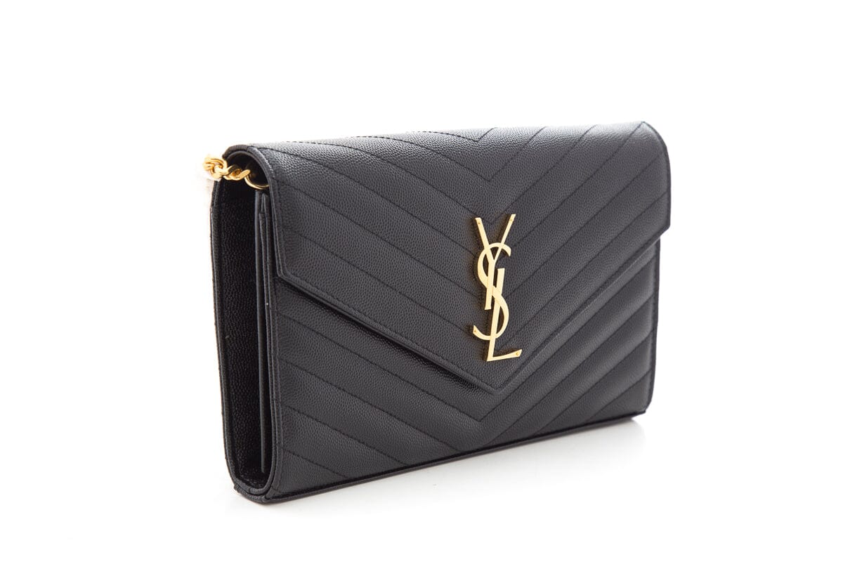 YSL Cassandre Matelasse Chain Wallet in Grain De Poudre Black Embossed Leather