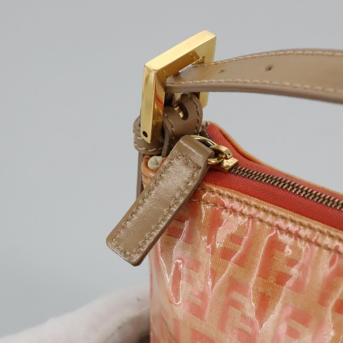 FENDI Zucchino Canvas Hand Bag Enamel Orange Gold 97013