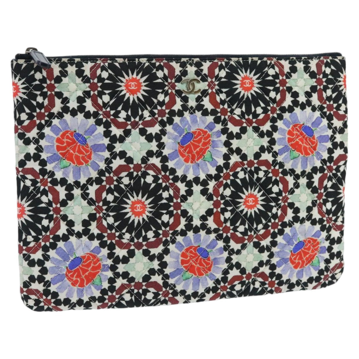 CHANEL Quilted Clutch Bag cotton Navy Multicolor Silver CC 97047