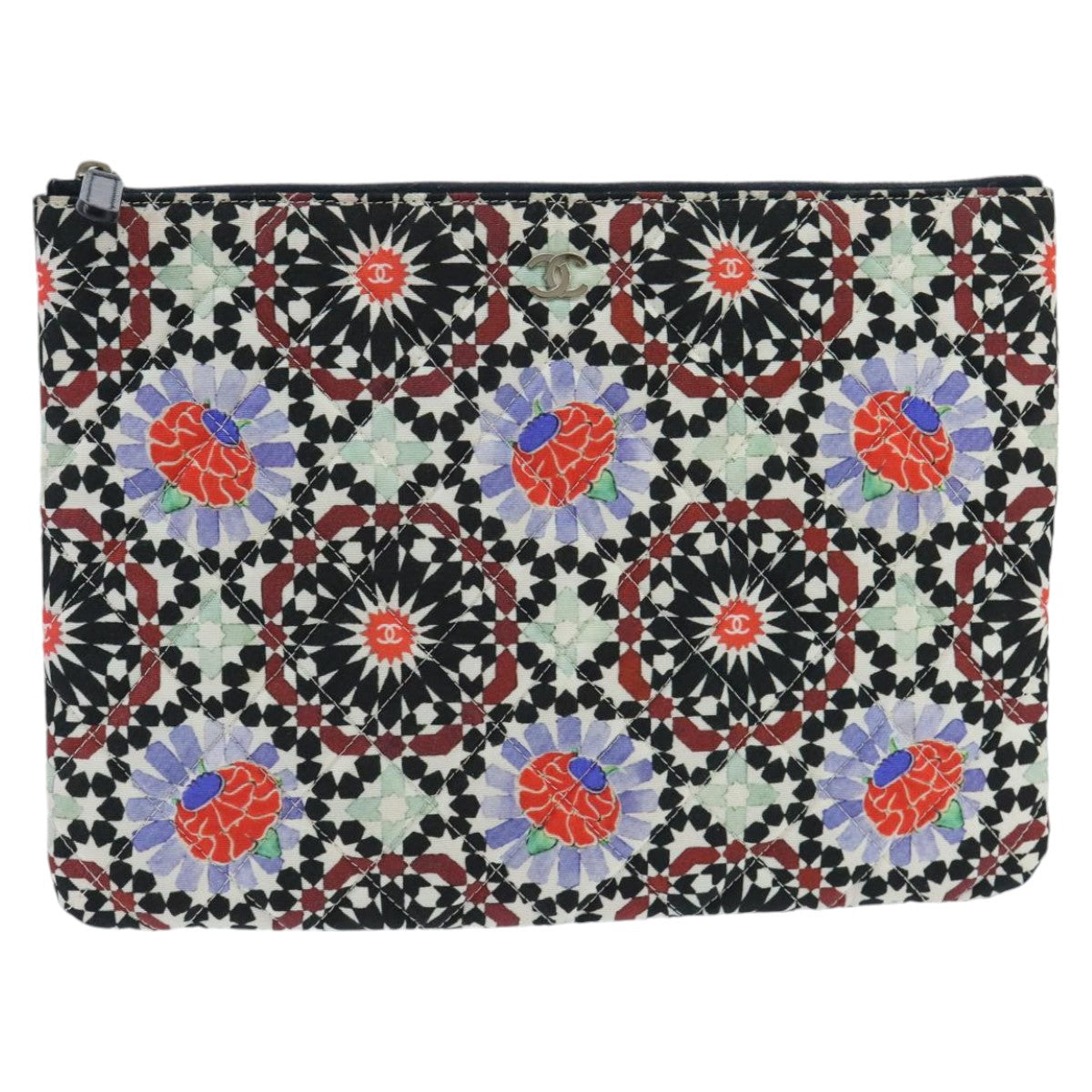 CHANEL Quilted Clutch Bag cotton Navy Multicolor Silver CC 97047
