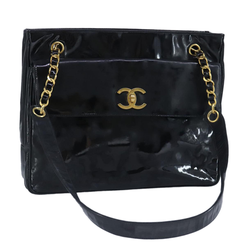 CHANEL Chain Tote Bag Patent leather Black Gold CC 97057