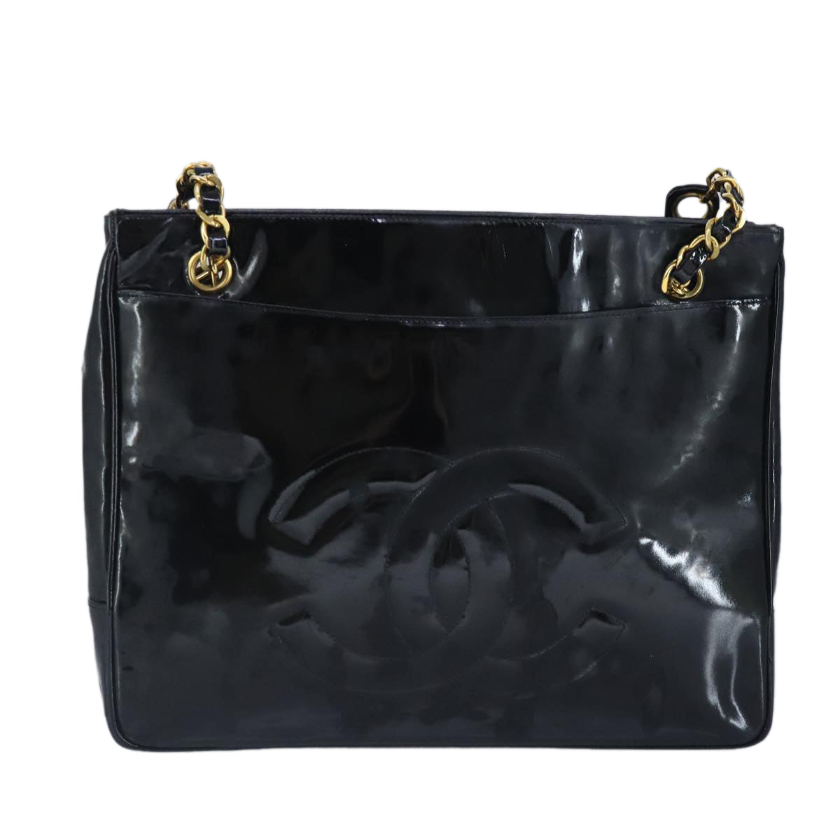 CHANEL Chain Tote Bag Patent leather Black Gold CC 97057