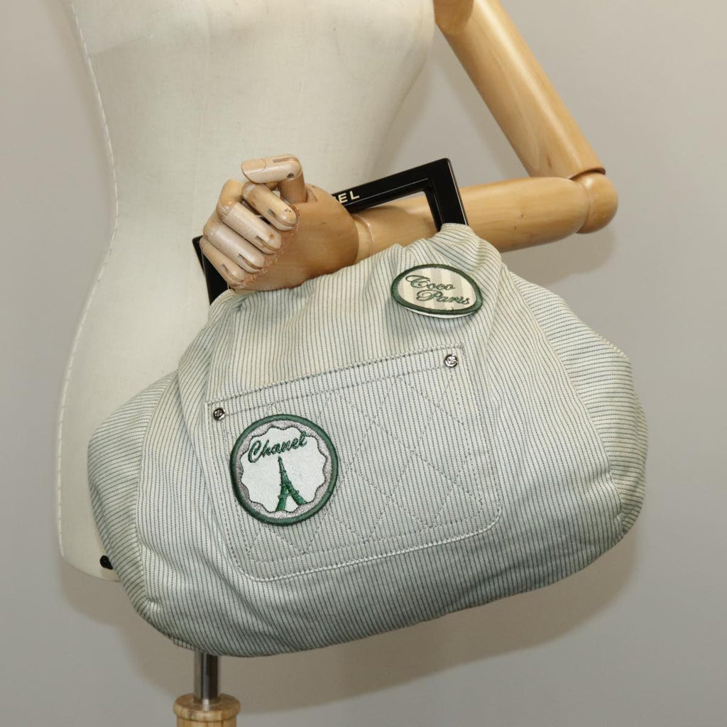 CHANEL Hand Bag Canvas Green Silver CC 97061