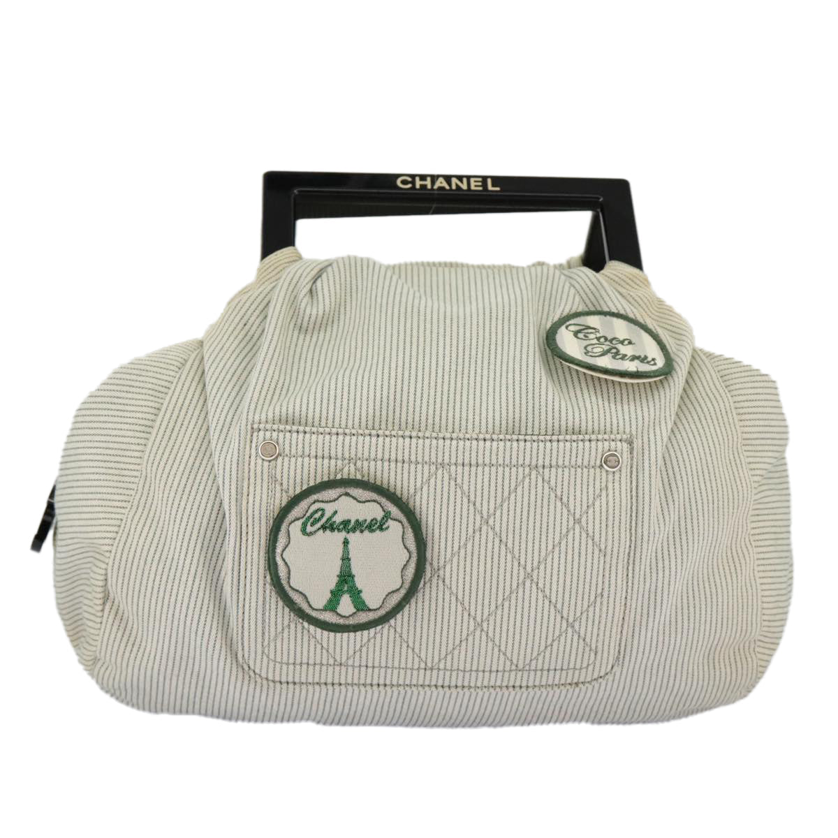 CHANEL Hand Bag Canvas Green Silver CC 97061