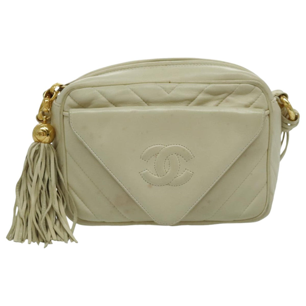 CHANEL V Stitch Shoulder Bag Lamb Skin Gold Beige CC 97147