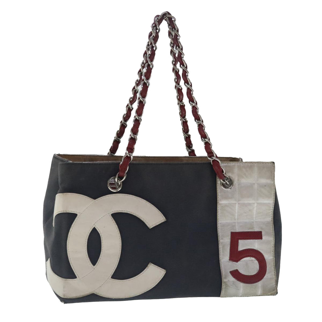 CHANEL Chain Hand Bag No5 Canvas Navy Silver CC 97210