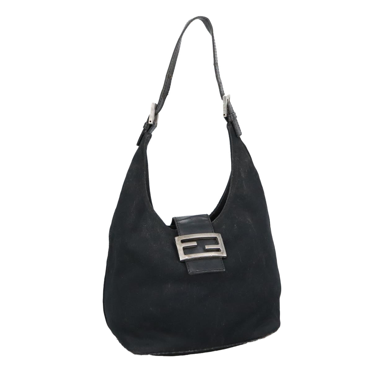 FENDI Mamma Baguette Shoulder Bag Nylon Leather Black Silver 97412