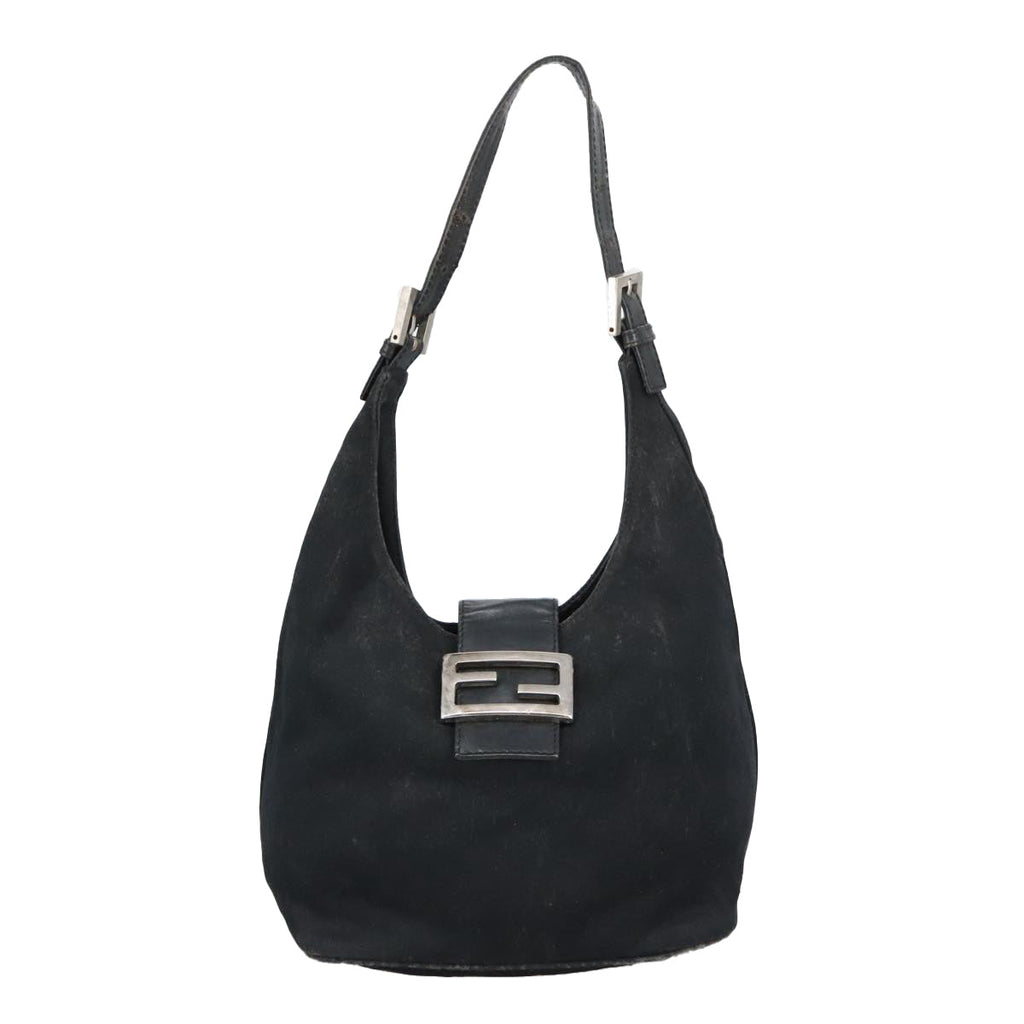 FENDI Mamma Baguette Shoulder Bag Nylon Leather Black Silver 97412