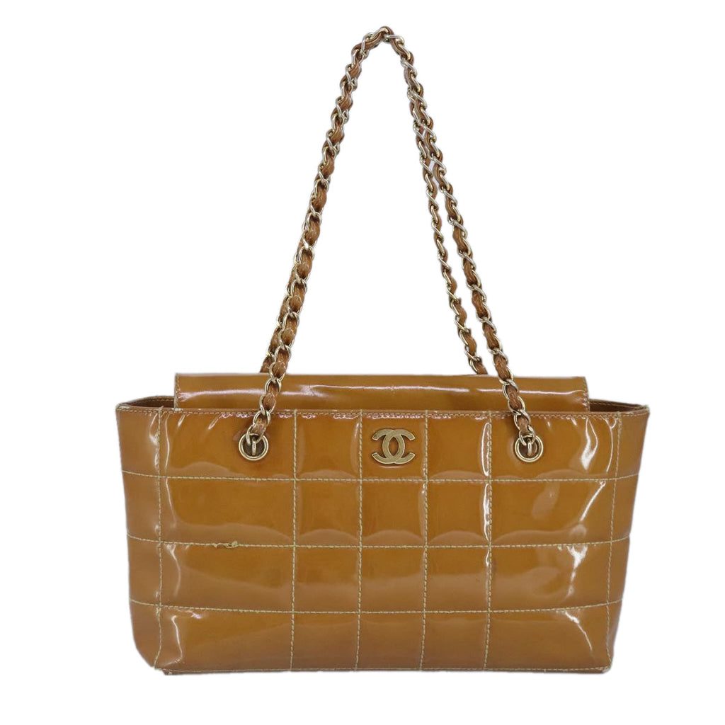 CHANEL Choco Bar Chain Shoulder Bag Patent leather Gold Beige CC 97452