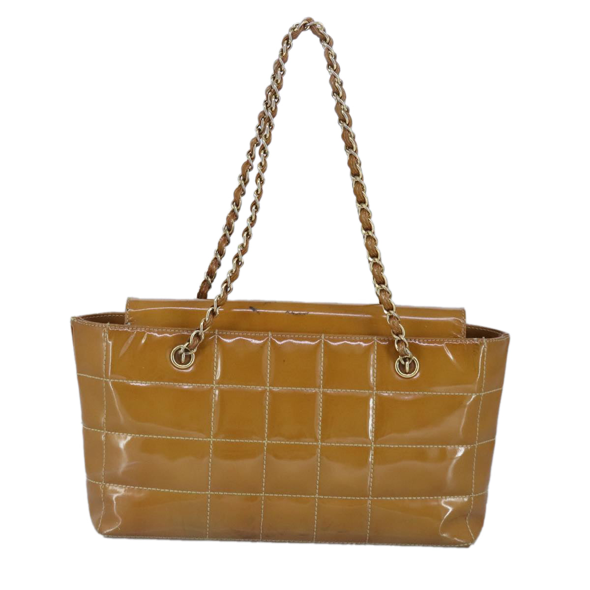 CHANEL Choco Bar Chain Shoulder Bag Patent leather Gold Beige CC 97452