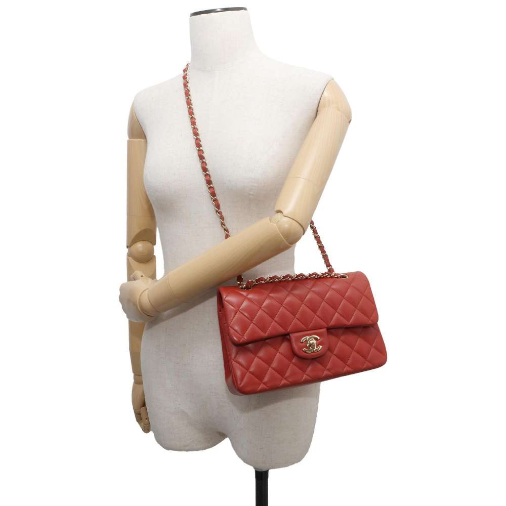 CHANEL Matelasse Double Flap ChainShoulder Bag RedA01113 Lambskin Size 23