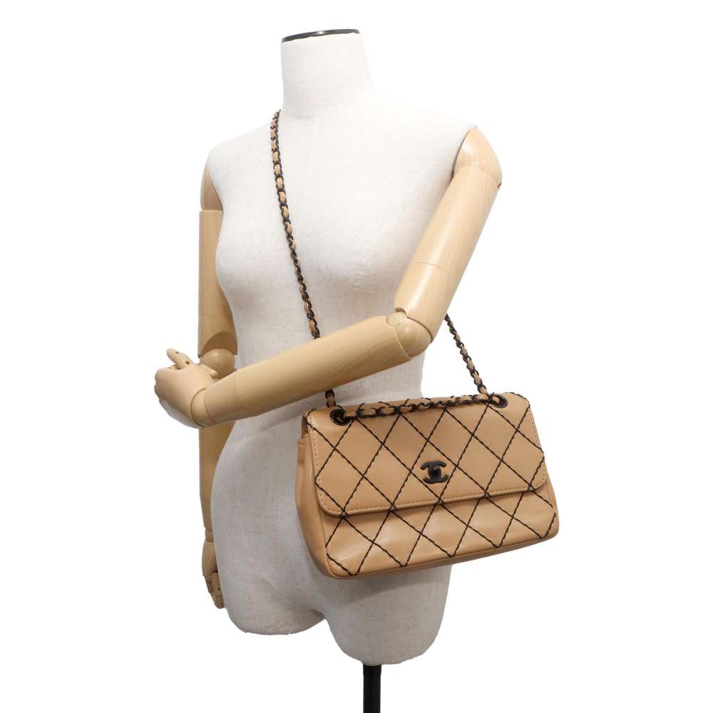 CHANEL CC Logo Wild Stitch Double Chain Shoulder Bag BeigeA14687 Calf Leather