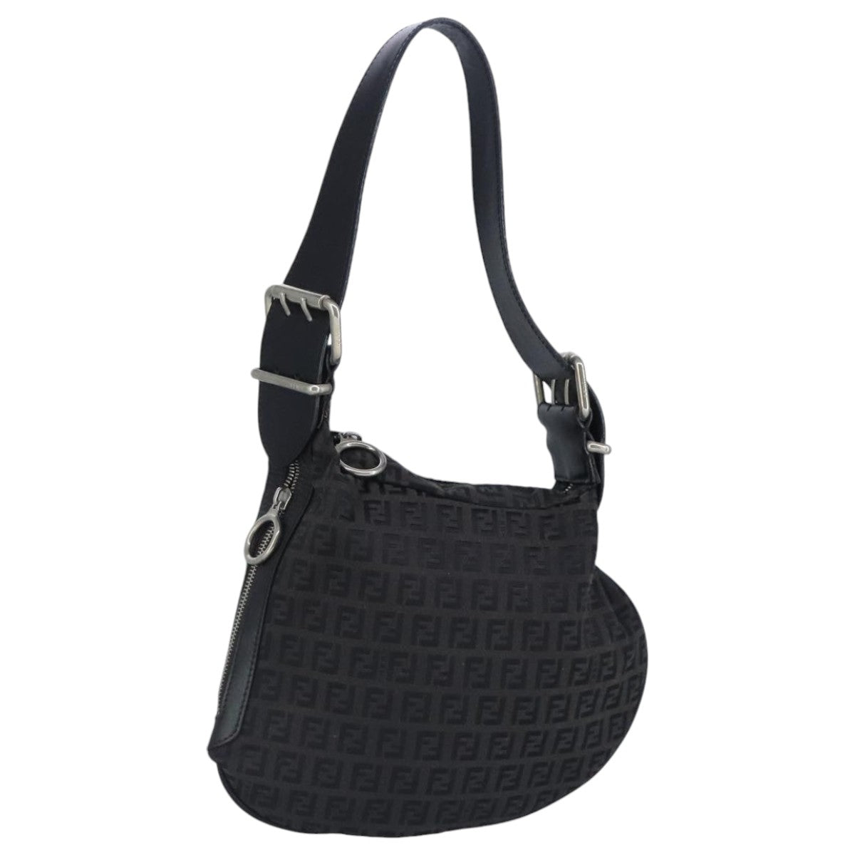 FENDI Zucchino Canvas Shoulder Bag Black Silver 97617