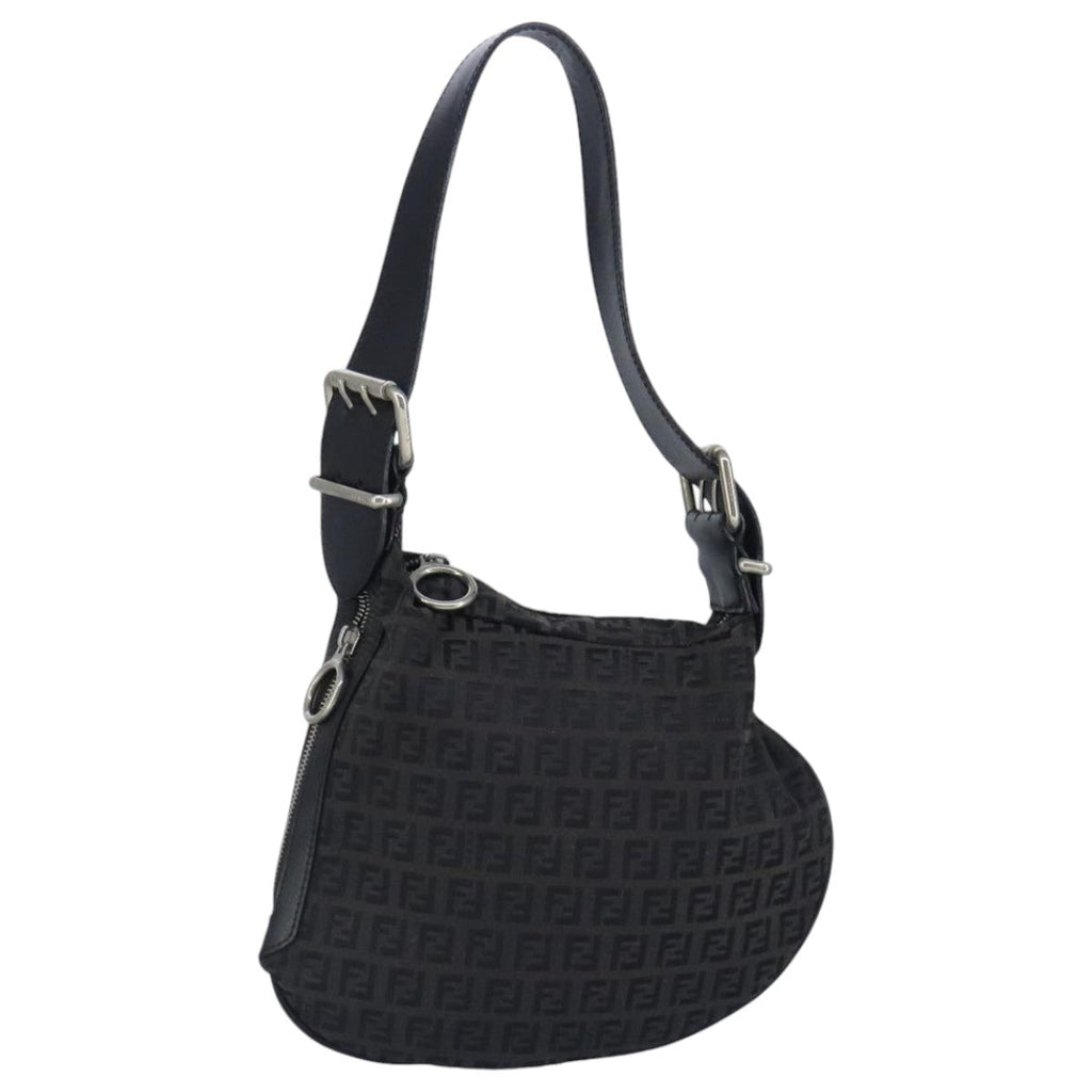 FENDI Zucchino Canvas Shoulder Bag Black Silver 97617