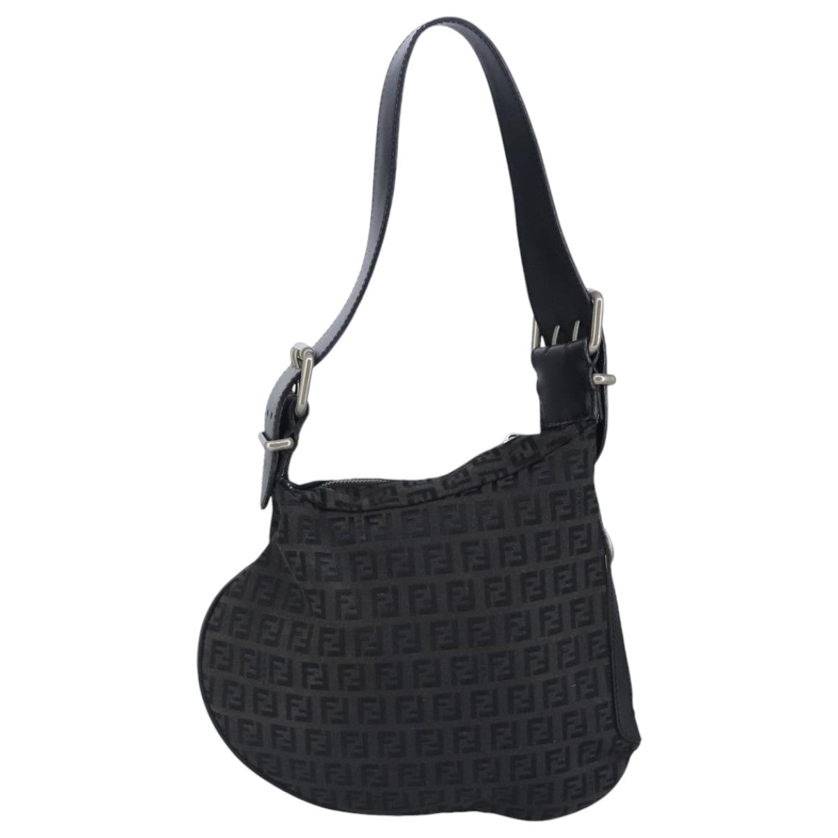 FENDI Zucchino Canvas Shoulder Bag Black Silver 97617