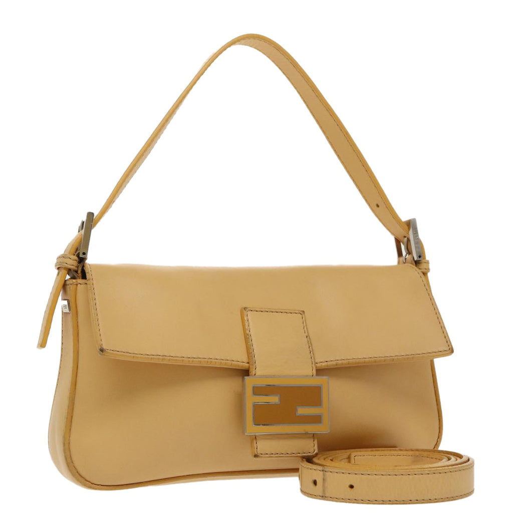 FENDI Mamma Baguette Shoulder Bag Leather 2way Beige Silver 97736