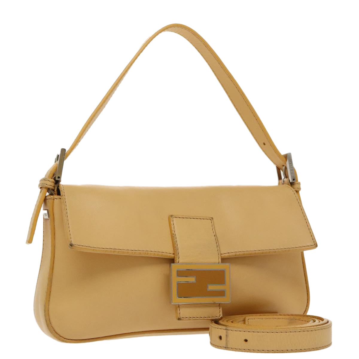 FENDI Mamma Baguette Shoulder Bag Leather 2way Beige Silver 97736