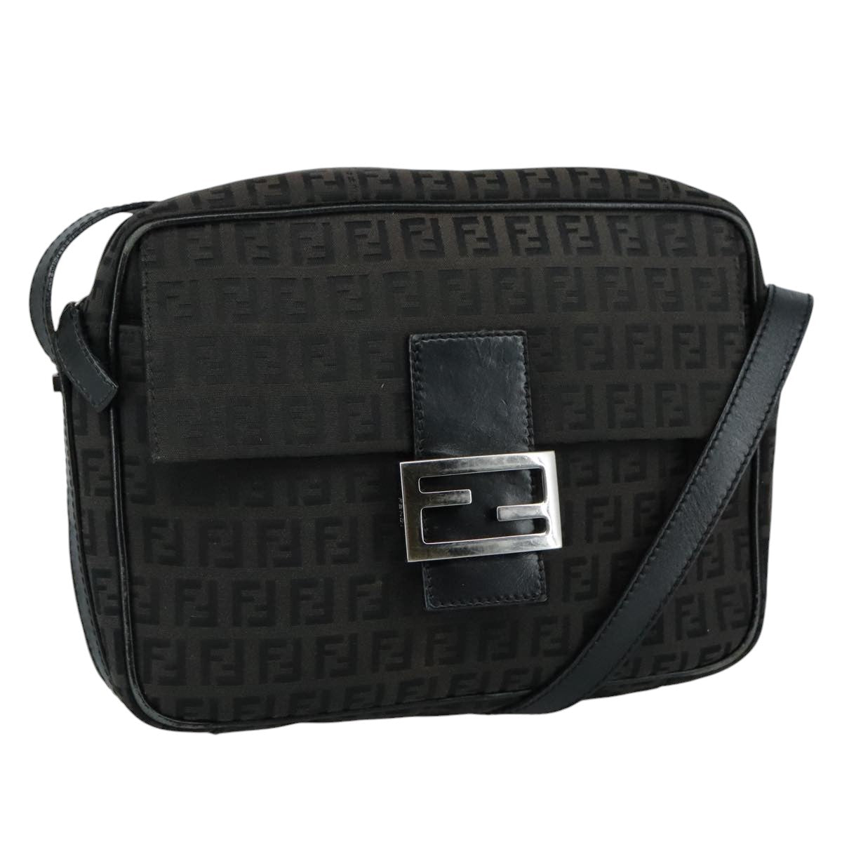 FENDI Zucchino Canvas Shoulder Bag Black 97778