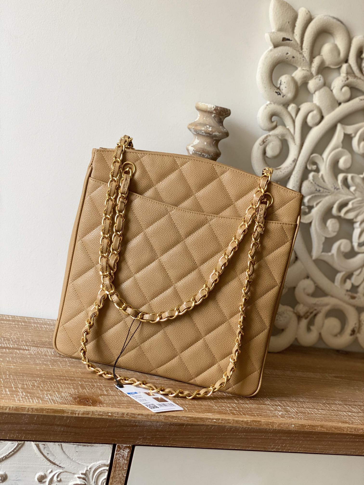 CHLVintage Beige Large Quilted Caviar Tote Bag For Women 28cm/11in