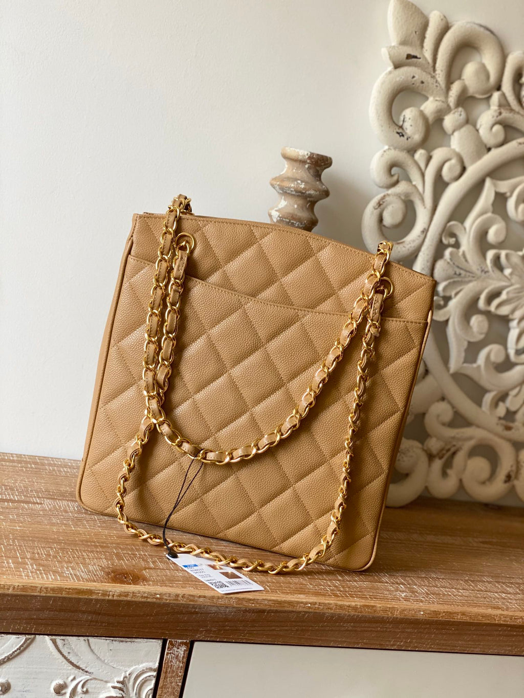 CHLVintage Beige Large Quilted Caviar Tote Bag For Women 28cm/11in