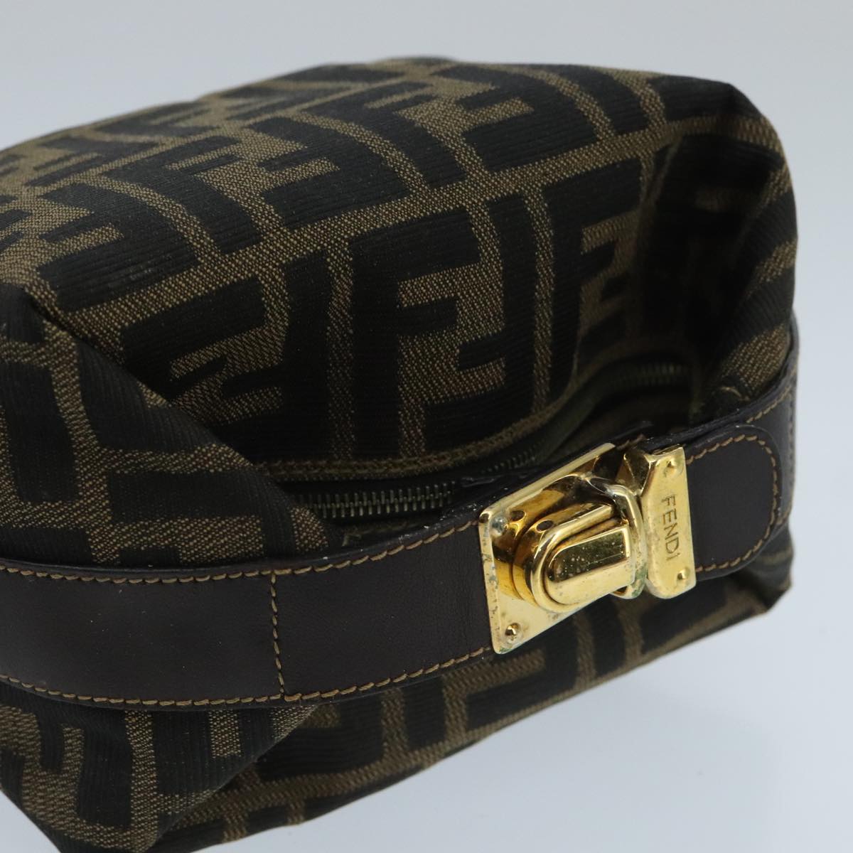 FENDI Zucca Canvas Vanity Hand Bag Brown Black gold 97877
