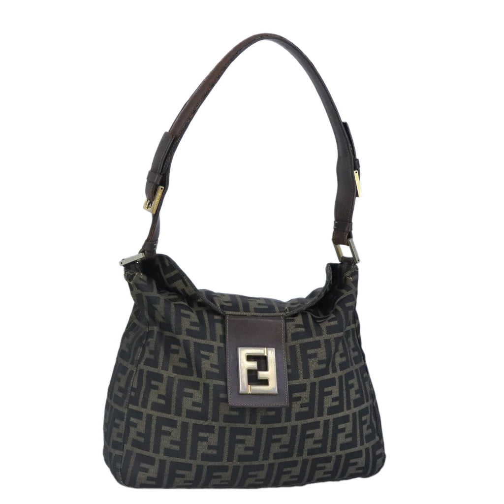 FENDI Zucca Canvas Shoulder Bag Black Brown gold 97896