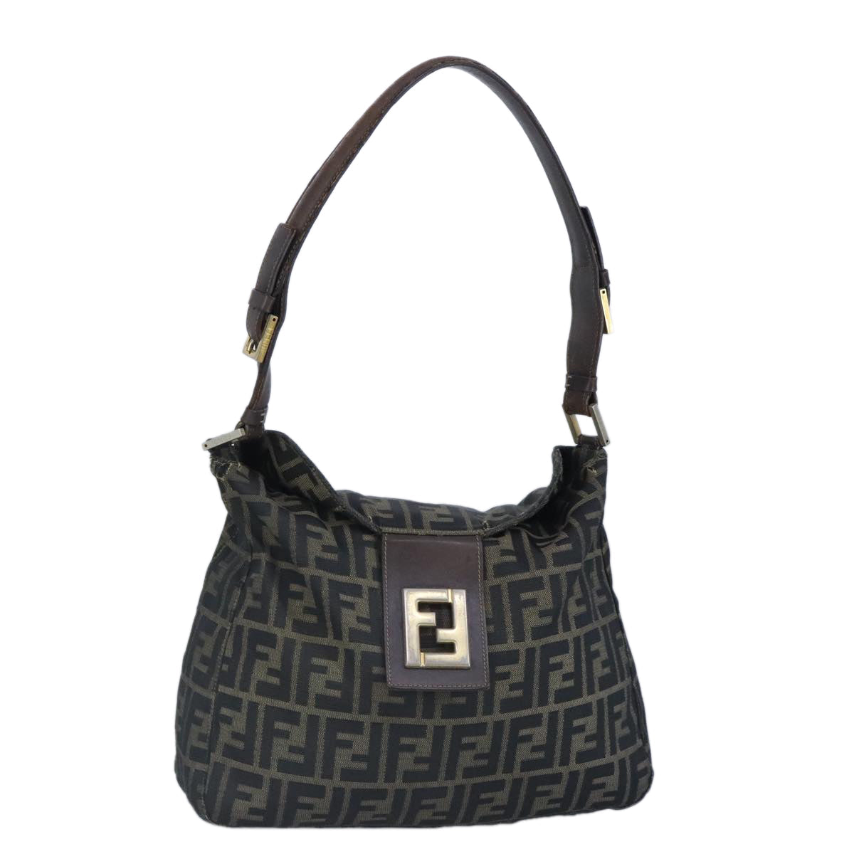 FENDI Zucca Canvas Shoulder Bag Black Brown gold 97896