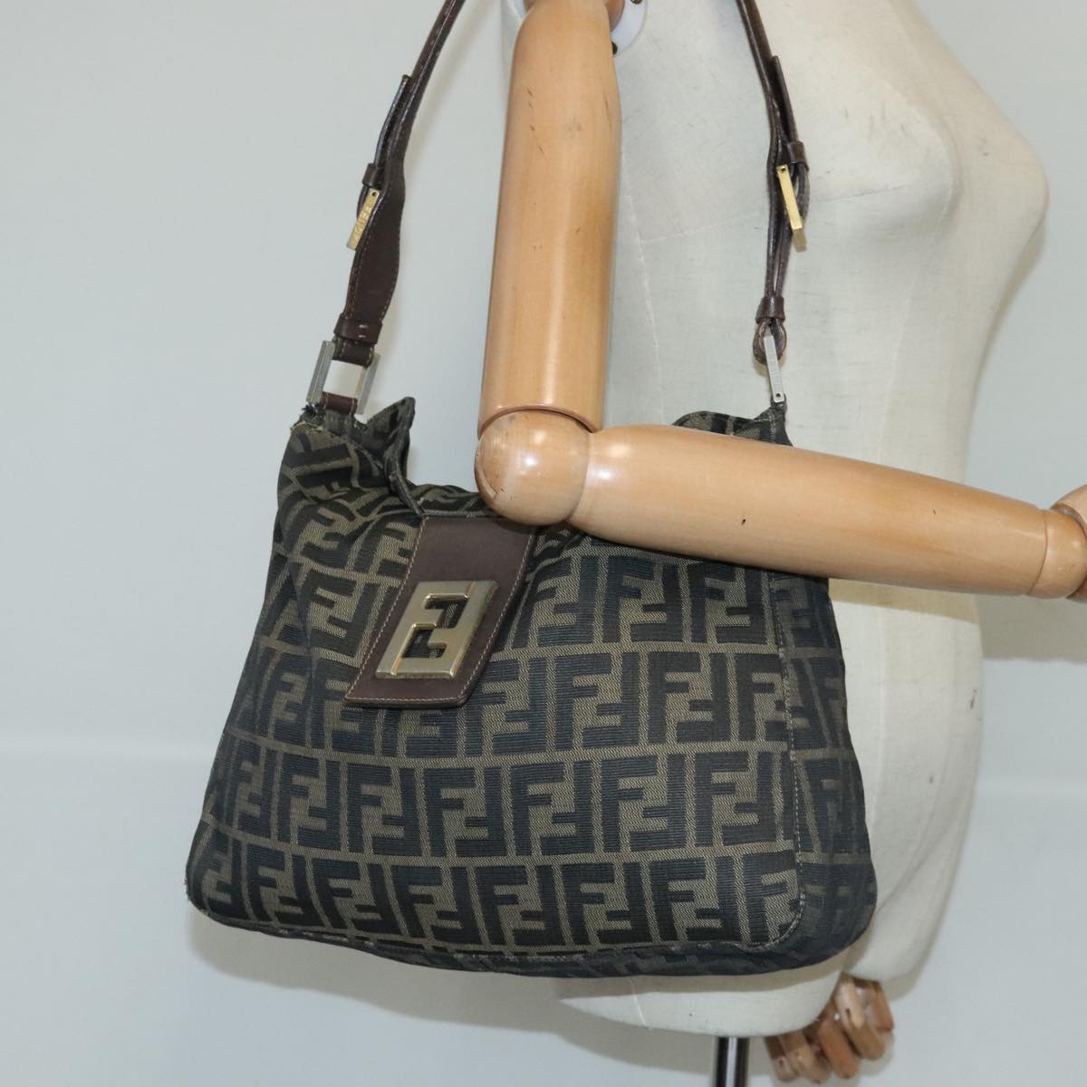 FENDI Zucca Canvas Shoulder Bag Black Brown gold 97896