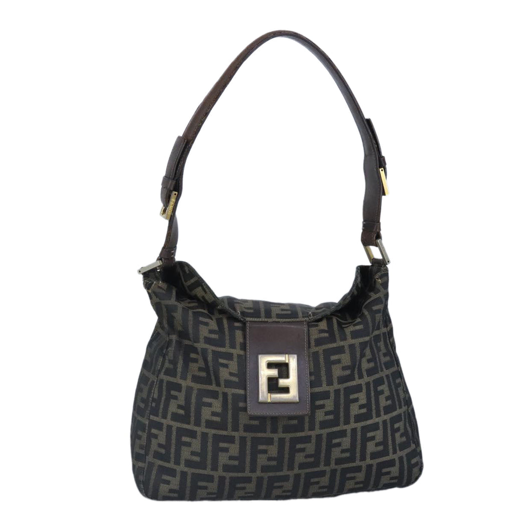 FENDI Zucca Canvas Shoulder Bag Black Brown gold 97896