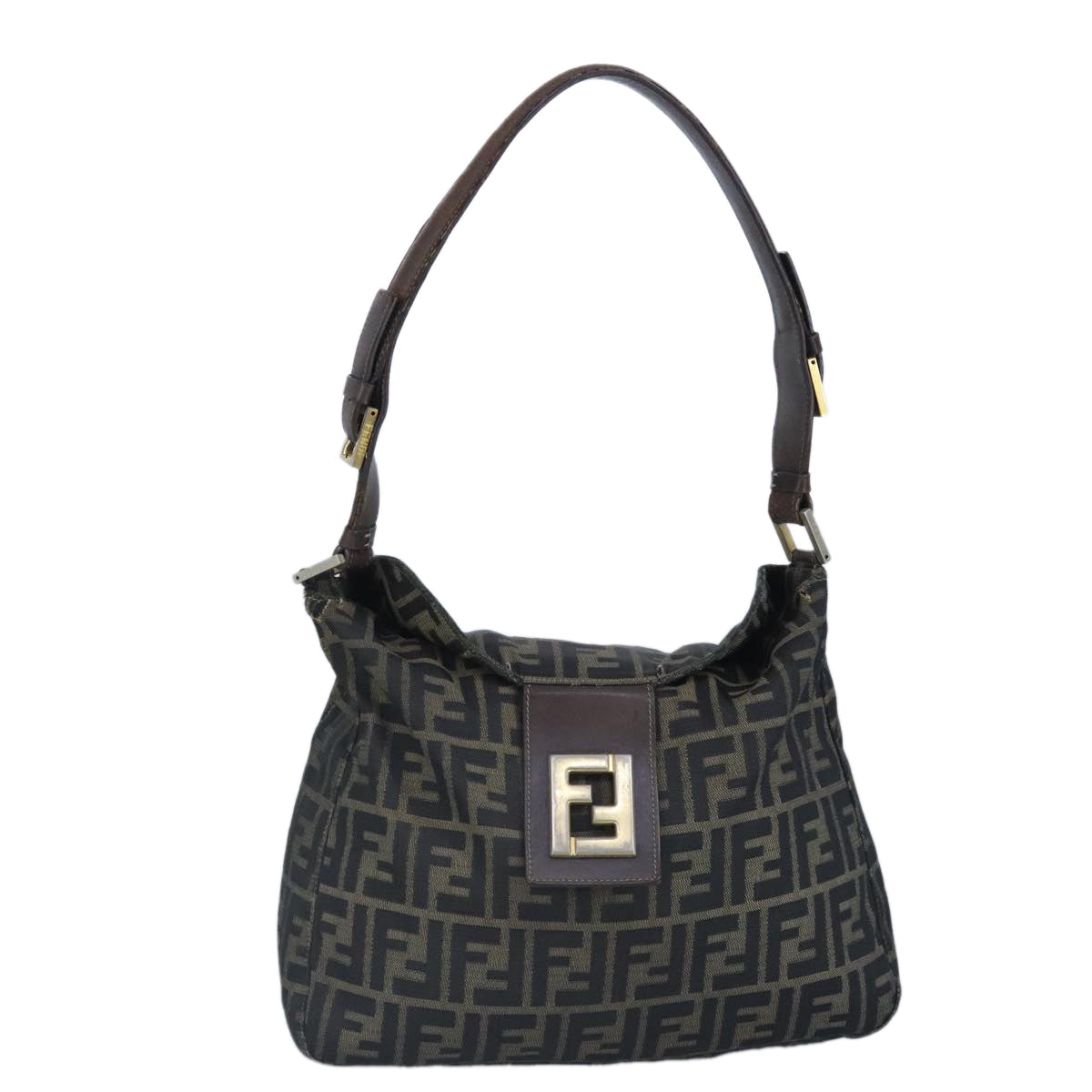 FENDI Zucca Canvas Shoulder Bag Black Brown gold 97896