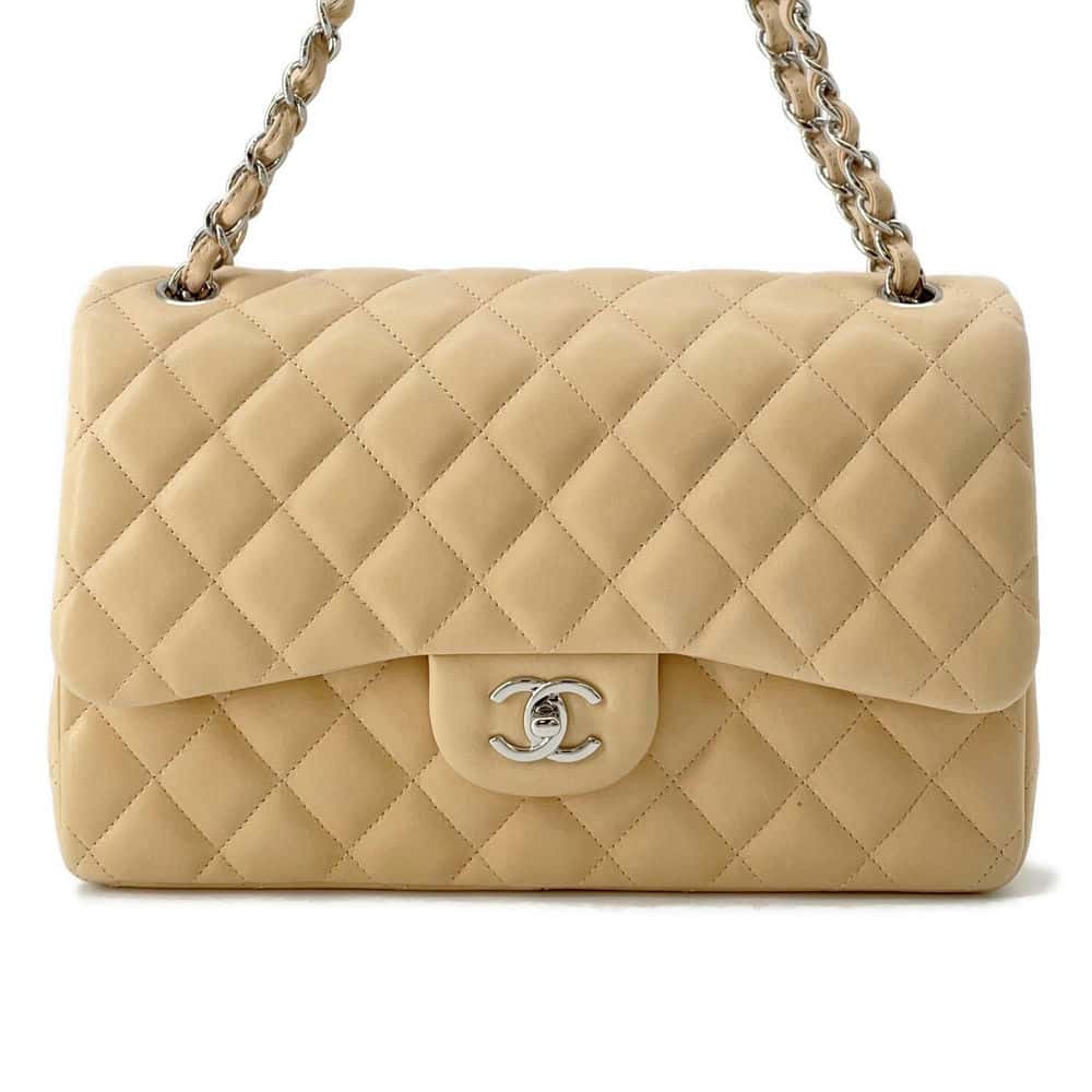 CHANEL Jumbo Matelasse Double Flap Shoulder Bag BeigeA58600 Lambskin Size 30