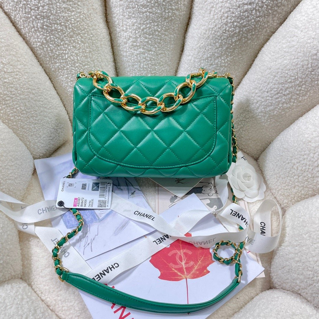 CHLLarge Flap Bag Gold Hardware Green For Women, Women’s Handbags, Shoulder Bags 9.1in/23cm AS3367