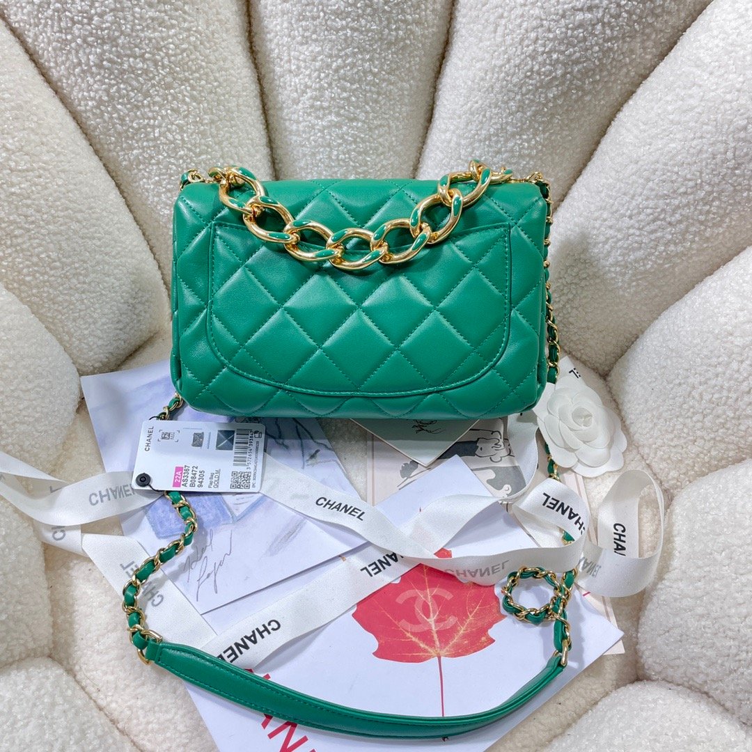 CHLLarge Flap Bag Gold Hardware Green For Women, Women’s Handbags, Shoulder Bags 9.1in/23cm AS3367