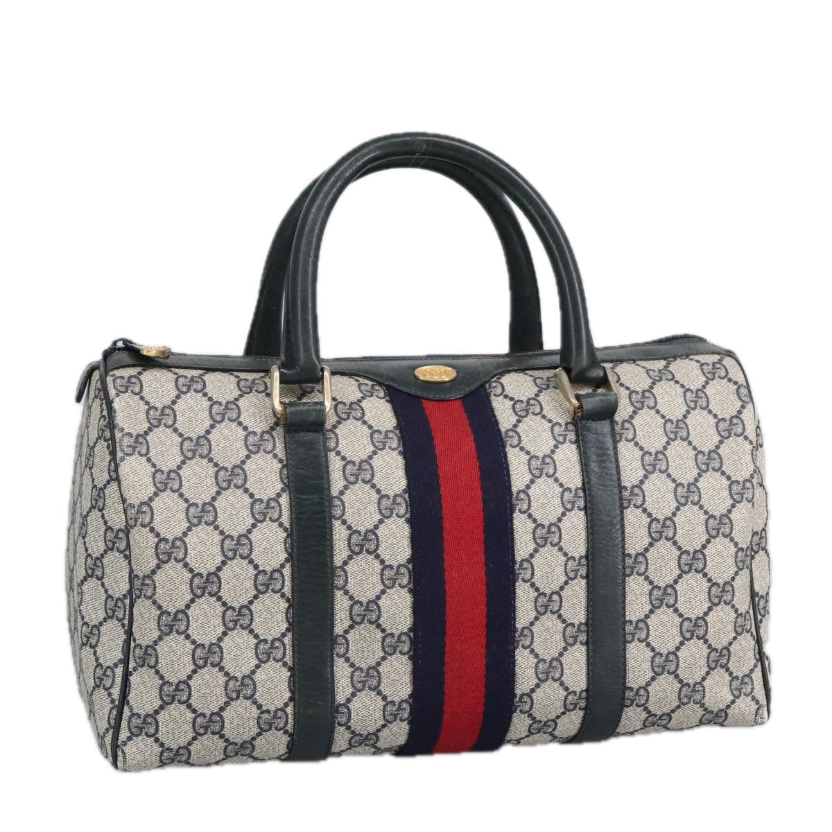 GUCCI GG Supreme Sherry Line Hand Bag PVC Navy Gold Red 010 378 98072