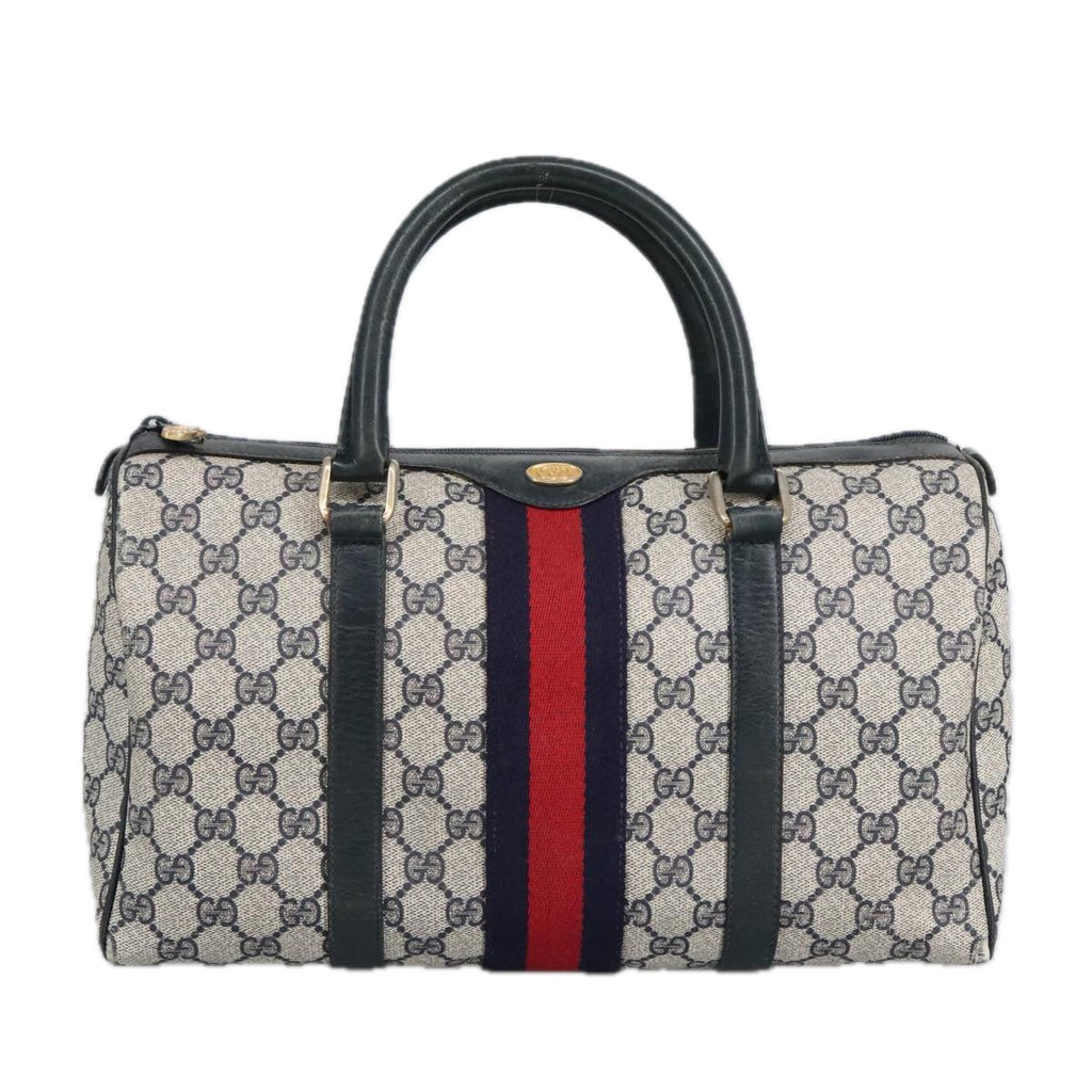 GUCCI GG Supreme Sherry Line Hand Bag PVC Navy Gold Red 010 378 98072