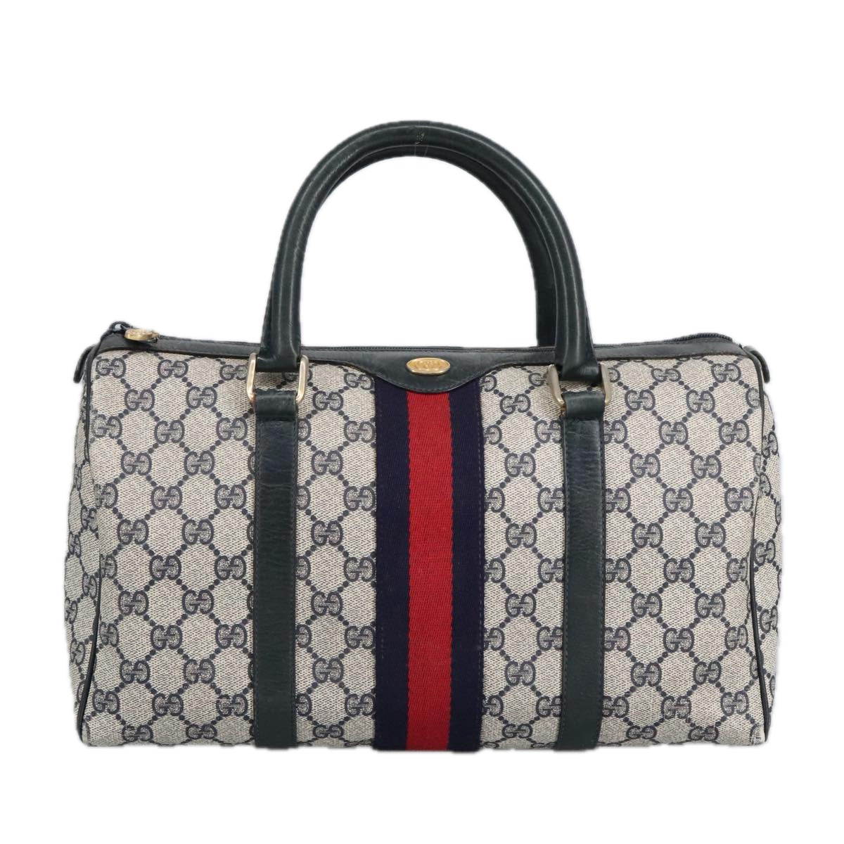 GUCCI GG Supreme Sherry Line Hand Bag PVC Navy Gold Red 010 378 98072