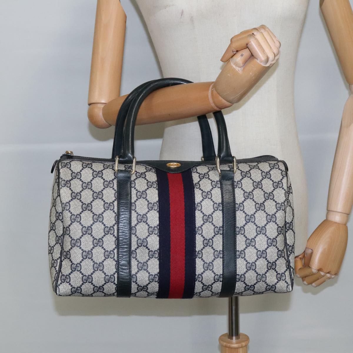 GUCCI GG Supreme Sherry Line Hand Bag PVC Navy Gold Red 010 378 98072