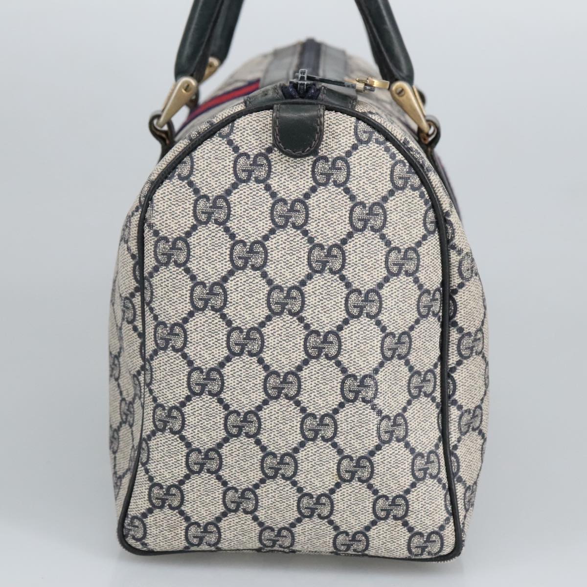 GUCCI GG Supreme Sherry Line Hand Bag PVC Navy Gold Red 010 378 98072